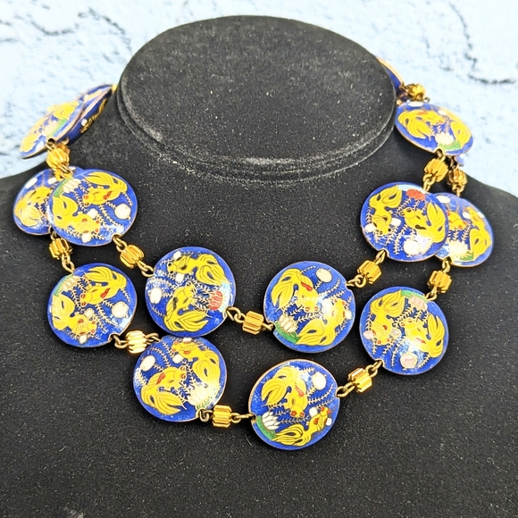Vintage Blue Goldfish Cloisonne Necklace